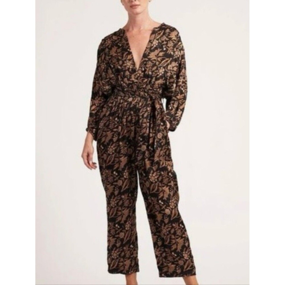 Cleobella Nylah Jumpsuit Wide Leg Moody Brown Floral Abstract Sz L
